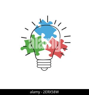 Hand drawn lightbulb with three puzzle pieces. New idea concept. Stock Vector illustration isolated on white background. Stock Vector