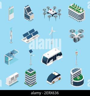 Smart city isometric icons set with transport and solar power symbols isolated vector illustration Stock Vector