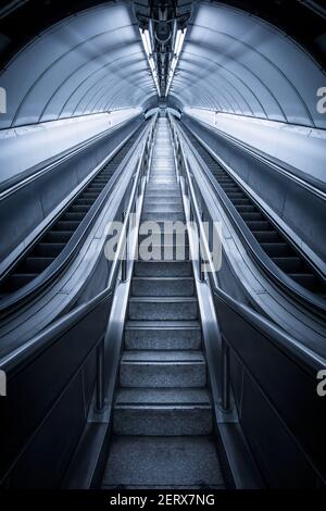 A long old escalator at Bank Station on the London Underground, England