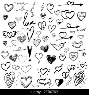 large set of hand-drawn heart drawings, valentine. doodle vector illustration Stock Vector
