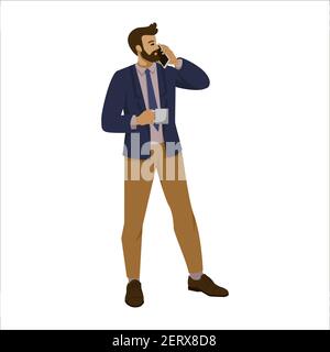 businessman, coaching, talking on the phone and drinking coffee during a break, standing on an isolated white background. vector illustration in carto Stock Vector