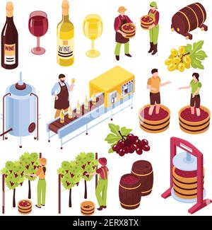 Winery isometric set vineyard with harvest pressing of grapes bottling conveyor drink in goblets isolated vector illustration Stock Vector