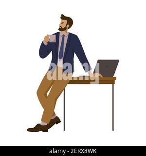 business man in an office suit stands pensively with a cup of hot drink in his hand during a break. vector illustration in cartoon style Stock Vector