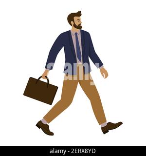 businessman in a fashionable jacket walks around the city with a briefcase in his hands and talks on the phone. vector illustration, cartoon, flat Stock Vector