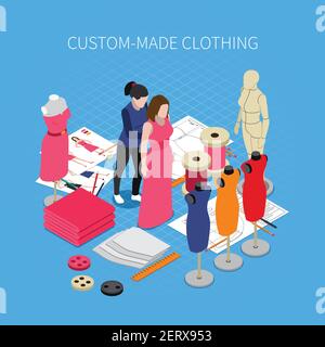 Custom made clothing isometric concept with dress symbols vector illustration Stock Vector