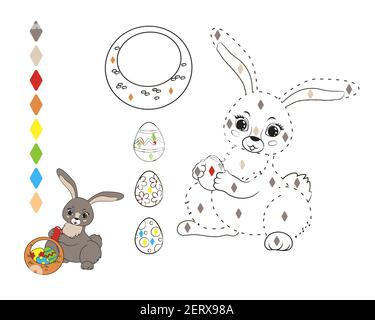 Coloring book game: outline dotted outline easter bunny with basket and painted eggs.Drawing by color, vector illustration in cartoon style isolated Stock Vector