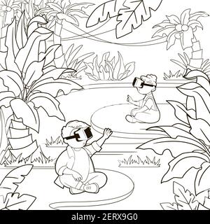 Coloring book, VR, a new generation of children playing virtual reality on the background of the impenetrable jungle.Vector, black and white illustrat Stock Vector