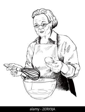 Grandmother holding a whisk and an egg in her hands, getting ready to make dough, mayonnaise, cream.Vector illustration, black and white sketch, line Stock Vector
