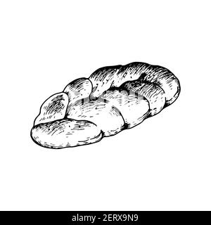 Delicious buttery wicker bun with crispy crust sprinkled with sesame seeds and poppy seeds.Vector illustration, black and white sketch, isolated line Stock Vector