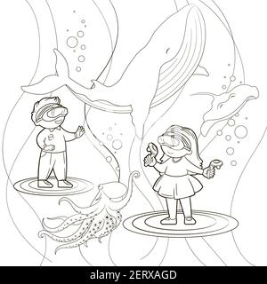 Coloring book: children boy and girl play virtual reality, imagining themselves in the depths of the ocean next to marine life, whale, stingray and oc Stock Vector