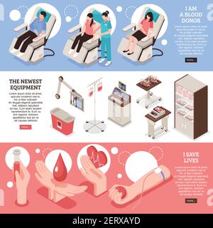 Set of isometric horizontal banners blood donor saving of lives modern medical equipment isolated vector illustration Stock Vector