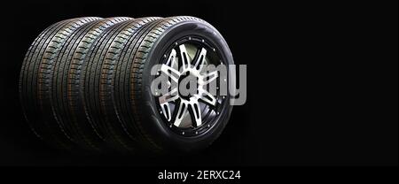 Car tires isolated on black background, copy space Stock Photo