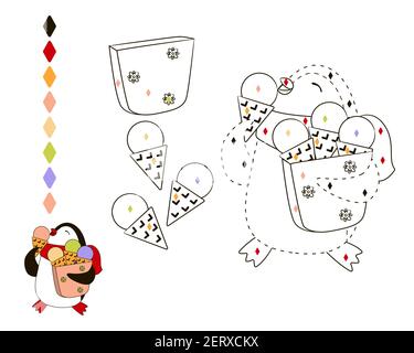 coloring book for kids, penguin with ice cream package, coloring by numbers, vector illustration, cartoon Stock Vector