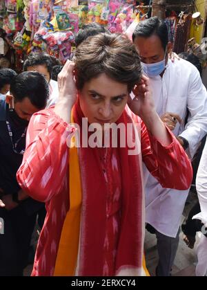 February 28, 2021, Guwahati, Assam, India: Priyanka Gandhi Vadra general secretary of All India Congress Committee (AICC) arrived to offer prayer at Kamakhya temple ahead of the Assam State Assembly Election 2021 in Guwahati Assam India  on Monday 1st March 2021.In Assam the election will held in three phase ie on 27th March,1st and 6th April 2021. (Credit Image: © Dasarath Deka/ZUMA Wire) Stock Photo