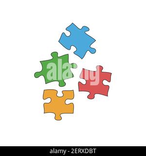 Four jigsaw hand drawn colored pieces, cartoon puzzle falling pieces, linear black and white icon, hand drawn style. Stock Vector illustration Stock Vector