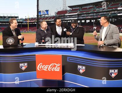 BOSTON - OCTOBER 24: MLB Network talent, Pedro Martinez and David Ortiz at  the World Series on Fox - Game 2 - Los Angeles Dodgers vs Boston Red Sox at  Fenway Park