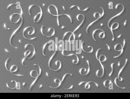 Silver confetti set, shiny ribbons with shadows isolated on grey background Stock Vector