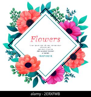 Floral frame. Tropical flowers trendy template. Design with beautiful flowers and palm leaves with copy space on white background. Vector Stock Vector