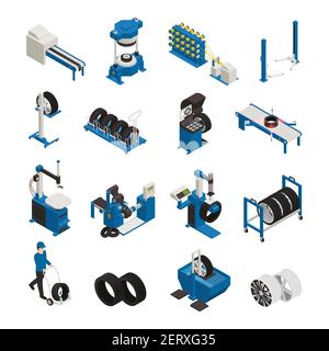 Tire production isometric icons with industrial equipment for manufacturing and maintenance of automobile wheel isolated vector illustration Stock Vector