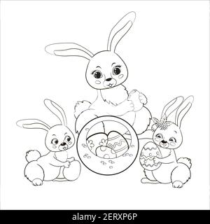 Easter bunnies mom and two bunnies are putting painted eggs into a round basket. Vector illustration in cartoon style, coloring book, on white backgro Stock Vector