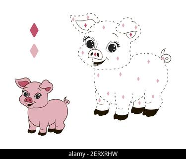 coloring book by numbers, for kids, little pink pig, vector illustration in cartoon style, isolated line art Stock Vector