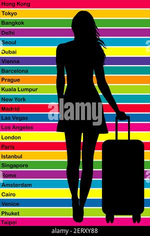 Travel around the world concept with silhouette of a female tourist and the name of the most famous tourist cities Stock Vector