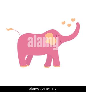 Cute happy pink elephant with hearts. World elephant day. Colorful vector isolated illustration in cartoon style. Postcard or poster. African animal Stock Vector