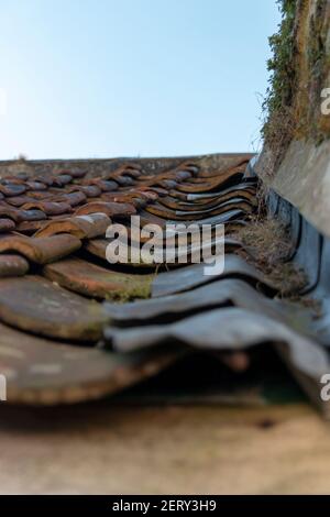 a close up view of a tiled roof top Stock Photo