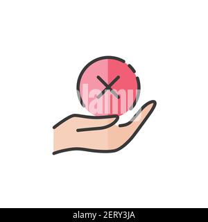 Hand hold cross mark. Filled color icon. Isolated commerce vector illustration Stock Vector