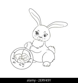 Coloring book, easter bunny lays painted eggs in a basket.Vector illustration in a messy style, isolated on white background Stock Vector