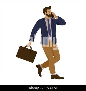 businessman in a fashionable jacket walks around the city with a briefcase in his hands and talks on the phone. vector illustration, cartoon, flat Stock Vector