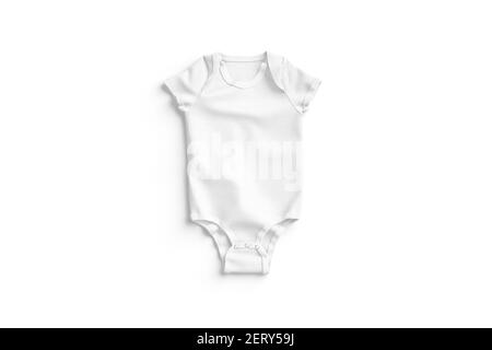 Blank white half sleeve baby bodysuit mockup lying, top view, 3d rendering. Empty little textile jumpsuit with buttons mock up, isolated. Clear crawle Stock Photo