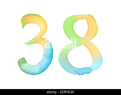 Watercolor numbers, hand-drawn by brush. Multicolor vintage symbol. Template for greetings, design, postcards, decoration. Stock Photo
