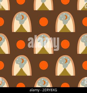 Abstract seamless pattern arch with crescent and stars, stairs with steps brown background. Stairway to the sky. Modern trendy print. Colorful boho ve Stock Vector