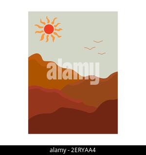 Beautiful mountain minimalist landscape with bright sun in the sky and flying birds in the distance. Painting trendy for an interior with nature. Colo Stock Vector