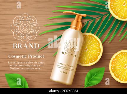 Cosmetic citrus product vector banner template. Cosmetic body lotion product with lemon natural extract in wood texture background for skin care. Stock Vector