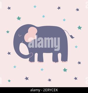 Cute happy blue elephant with stars. Colorful vector isolated illustration in cartoon style. African and indian animal. Poster on the wall in the nurs Stock Vector