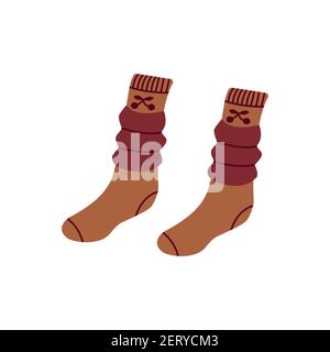 Cute Cozy Pom Pom Socks. Warm clothes. Bow-shaped cherry berries. Icon vector colorful hand drawn illustration isolated Stock Vector