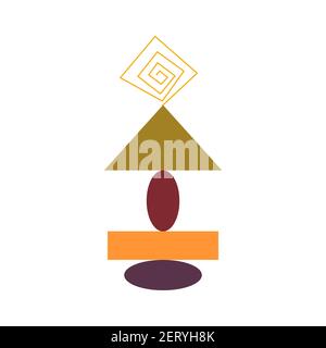 Abstract shapes art stack of linear maze, triangle, oval and rectangle. Composition painting background. Modern trendy art. Colorful boho vector illus Stock Vector