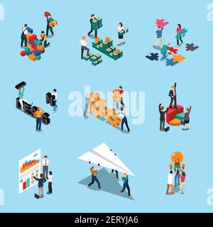 Teamwork isometric icons set with collaboration ideas and creativity symbols isolated vector illustration Stock Vector