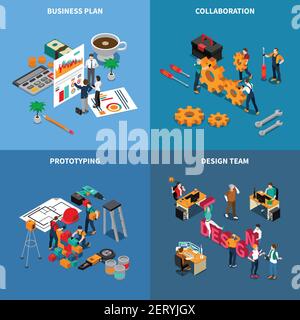 Teamwork collaboration isometric concept icons set with business plan symbols isolated vector illustration Stock Vector