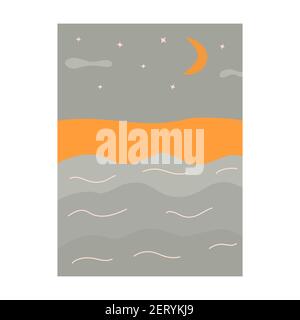 Beautiful sea view, night sky with crescent moon and stars. Smooth waves and sandy shore. Painting trendy for an interior with nature. Colorful vector Stock Vector