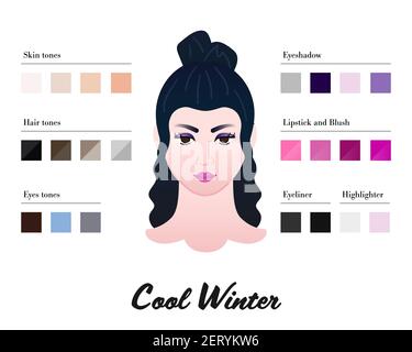 Women Color types analysis - Cool or Cold Winter type. Characteristics of colortype and best palette for make up. Perfect tones of lipstick Stock Vector