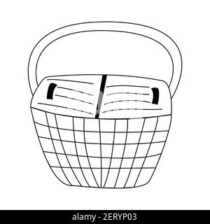 Wicker basket for groceries. Black and white vector illustration isolated in doodle style Stock Vector