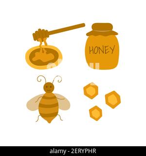 A cute bee, a jar of honey, a spoon with dripping honey, honeycomb. Set of icons in cartoon style. Vector illustration isolated on white background Stock Vector