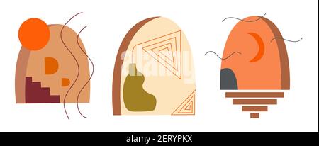 Set of abstract art arch and moon, stairs with steps painting, crescent, vase and line background. Modern trendy art. Colorful boho vector illustratio Stock Vector