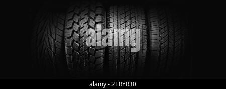 Car tires isolated on black background, copy space Stock Photo