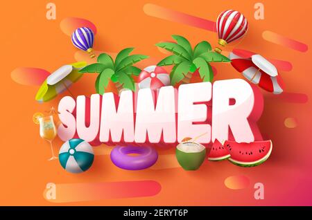 Summer 3d vector banner design. Summer 3d text with tropical elements like palm tree, hot air balloon and umbrella in orange abstract background. Stock Vector