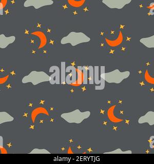 Seamless pattern Crescent with stars and cloud. Blue background. Colorful vector hand drawn boho illustration wrapping Stock Vector