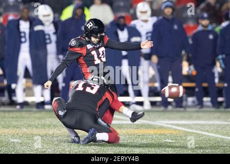 November 02, 2018: Ottawa Redblacks kicker Lewis Ward (10) kicks the ball extending his record field goal streak to 48 consecutive. Richie Leone (13) holds for the field goal during the CFL game between the Toronto Argonauts and Ottawa Redblacks at TD Place Stadium in Ottawa, Canada. Daniel Lea/(Photo by Daniel Lea/CSM/Sipa USA)